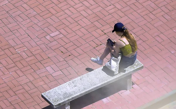 Young Woman Bench Looking Her Mobile Phone — 스톡 사진