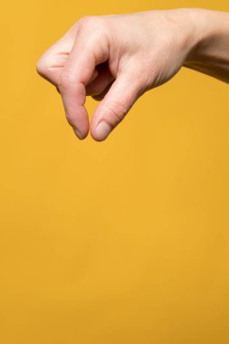 Kadın eli, sanki görünmez bir şeyi alıyormuş gibi parmaklarıyla gösterir. Uzayı kopyala İzole edilmiş, sarı arka planda.. 