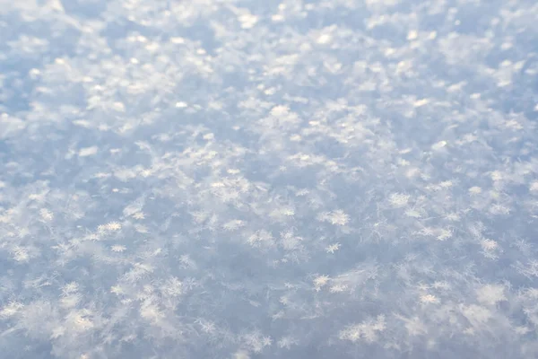 Hermosos cristales de copos de nieve brillan en los rayos del sol, en la nieve esponjosa, en un día helado. Copiar espacio. Contexto. — Foto de Stock