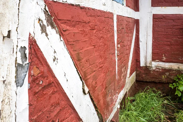 Fachwerk Parte Edifício Histórico Tijolos Vermelhos Vigas Madeira Close — Fotografia de Stock