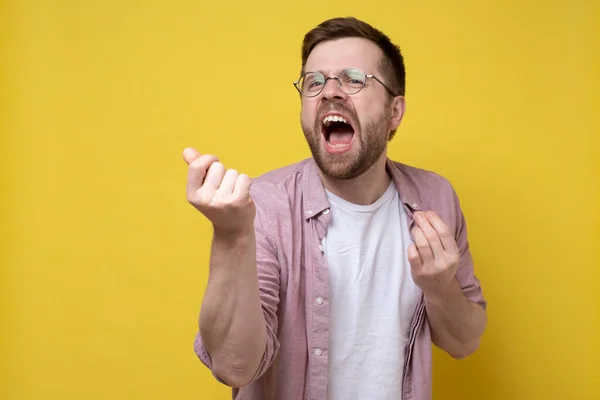 Creative Man Emotionally Says Something Dances Sings Gesticulating His Hands — Stock Photo, Image