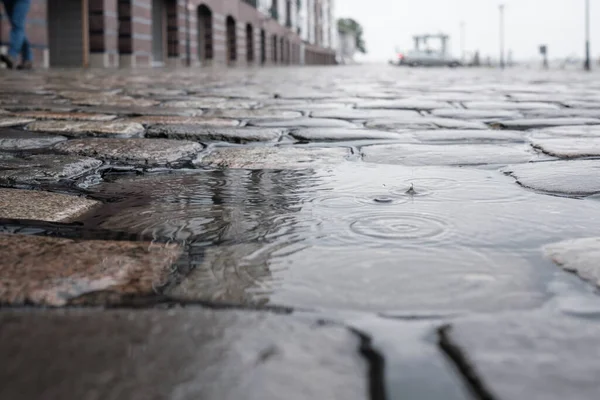 ヨーロッパの雨の中舗装された道路に雨が降っている水たまり — ストック写真