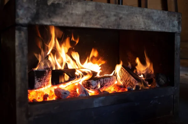 Fire Burning Firewood Iron Fireplace Heat House Energy Crisis High — Stock Photo, Image