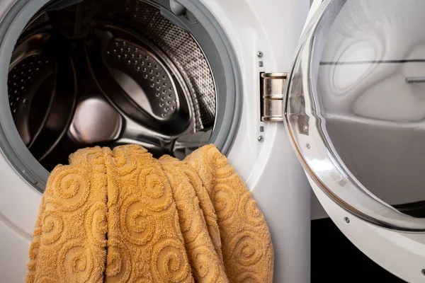 Laundry Half Pulled Out Drum Open Washing Machine Bathroom Stock Photo