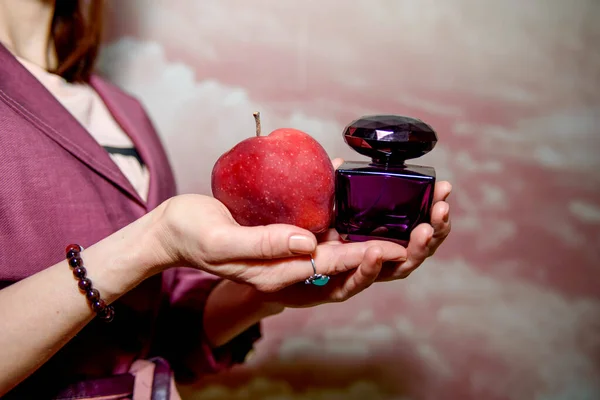 Red Apple Perfume Bottle Perfumer Hand Close — Stock Photo, Image