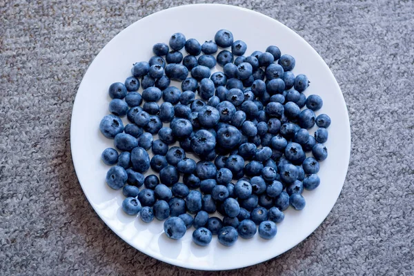 Blueberries White Plate Gray Background Top View Fresh Garden Blueberries — Stock Photo, Image