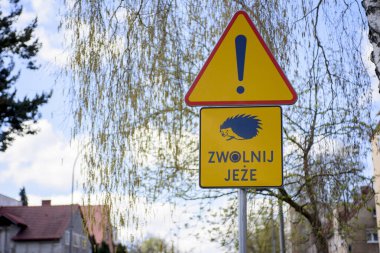 Road signs close up. Sign with the inscription in Polish 