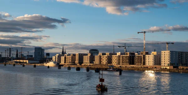 Novo Distrito Hafencity Durante Pôr Sol Fotografias Tiradas Ponte Freihafenelbbruecke — Fotografia de Stock