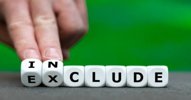 Symbol for a better inclusion. Hand turns dice and changes the word exclude to include.	