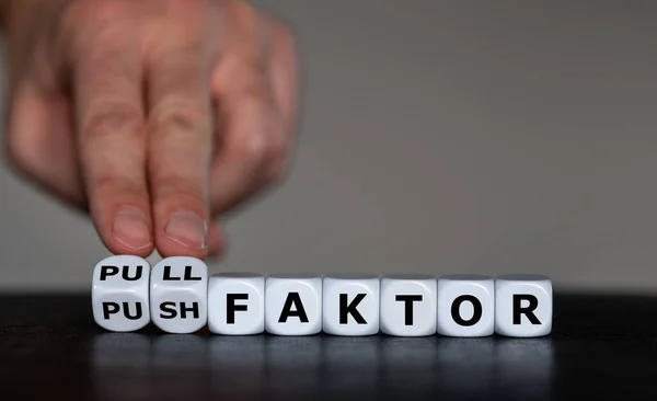 Dobbelstenen Vormen Duitse Uitdrukking Pull Faktor Pull Factor Push Faktor — Stockfoto