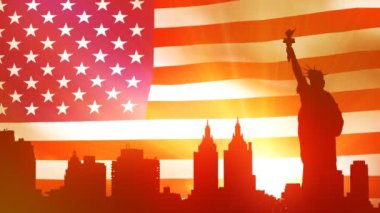 zemin üzerine Amerikan bayrağı ile nyc silüeti