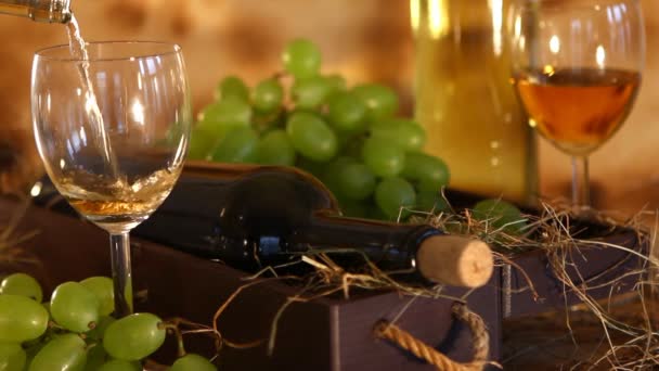 Versare il vino bianco nel bicchiere — Video Stock