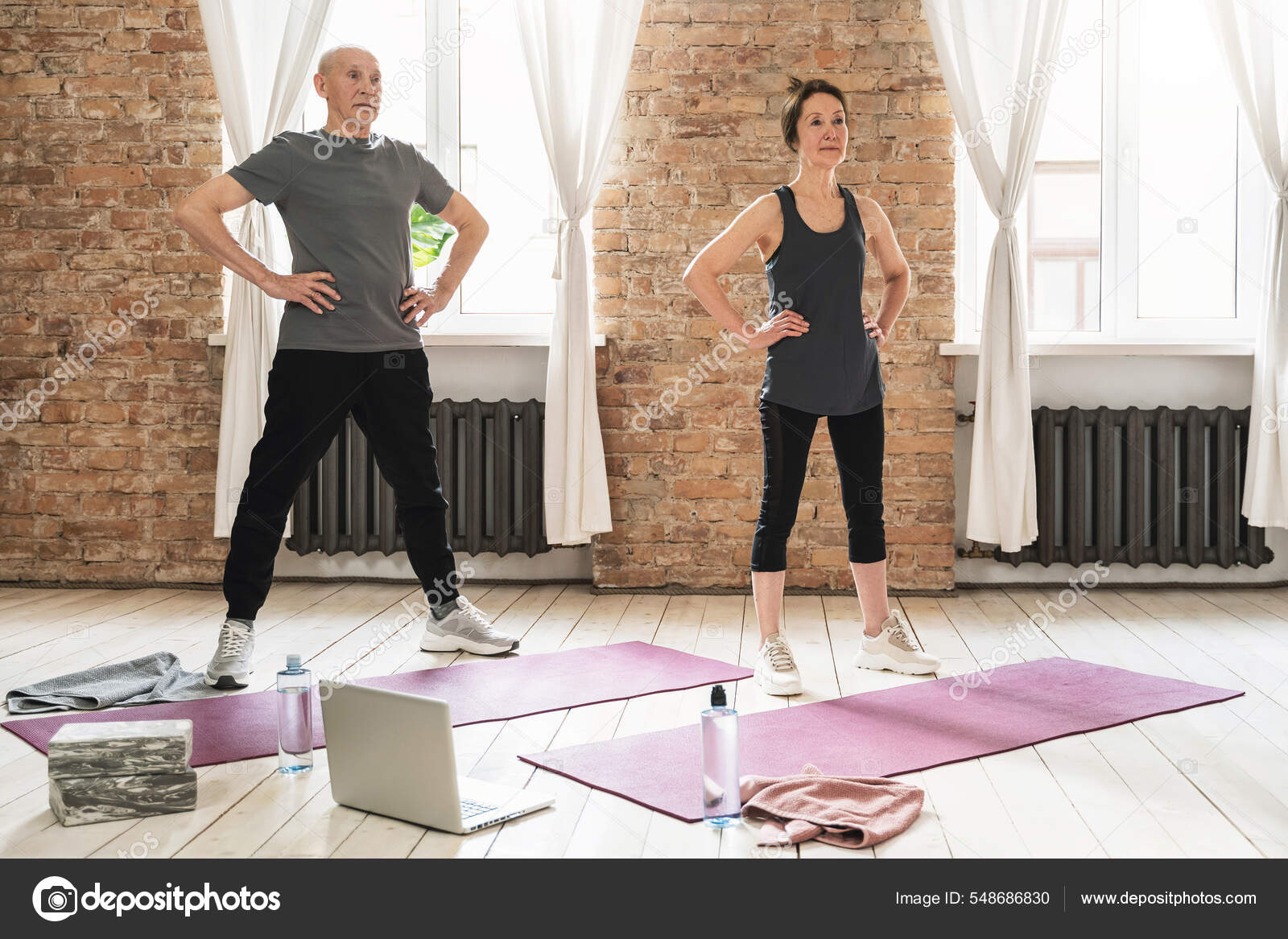 Два Активных Пожилых Человека Время Фитнес Тренировки Онлайн.