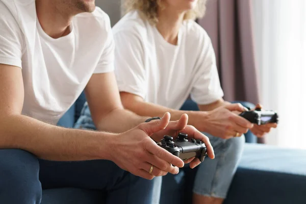 Couple Gamepads Playing Video Game Console Home — Stock Photo, Image