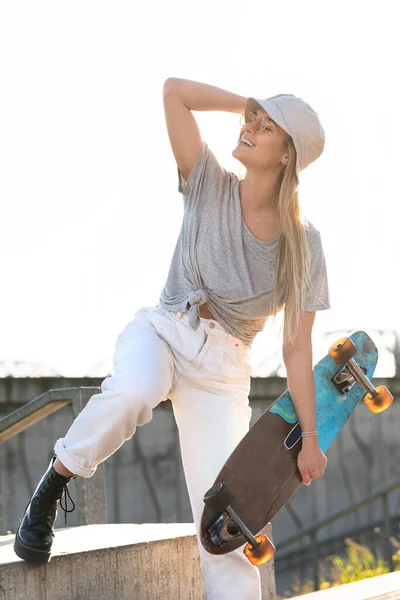 Portrait Young Stylish Girl Wearing Panama Hat Longboard City — Stock Photo, Image