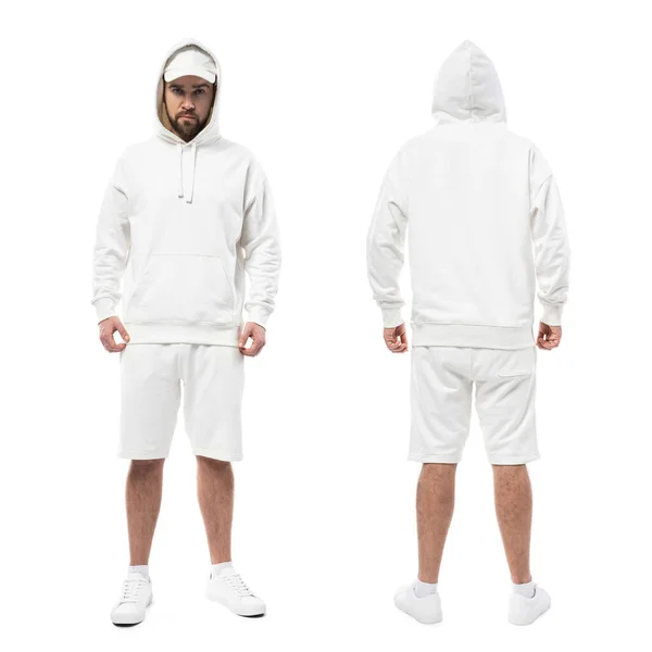 Bonito Homem Vestindo Tampa Branca Branco Capuz Shorts Isolados Fundo — Fotografia de Stock