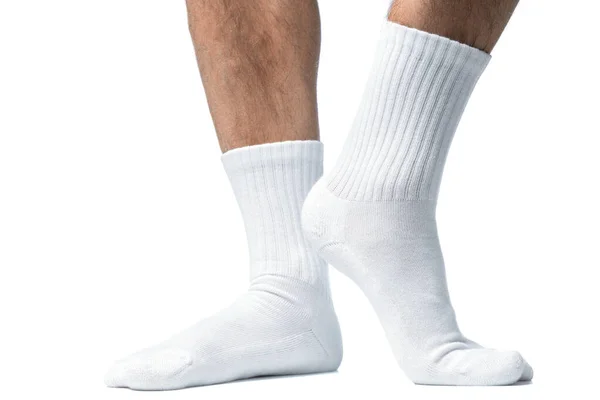 Mannelijke Voeten Met Witte Katoenen Sokken Geïsoleerd Witte Achtergrond — Stockfoto
