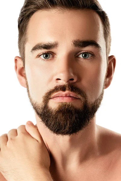 Retrato Hombre Barbudo Joven Guapo Con Piel Lisa Sobre Fondo —  Fotos de Stock