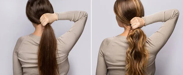 Vergleich Weiblicher Haare Nach Dem Färben Und Styling Einem Professionellen — Stockfoto