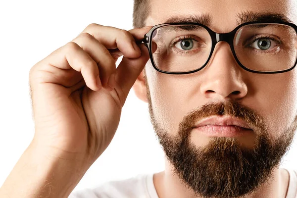 Junger Und Gutaussehender Bärtiger Mann Mit Brille Auf Weißem Hintergrund — Stockfoto