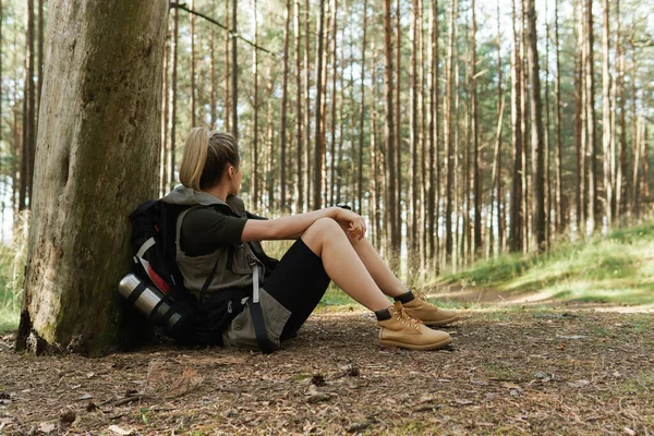 Giovane Escursionista Femminile Durante Una Piccola Sosta Seduta Terra Nella — Foto Stock