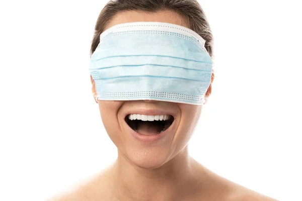 Happy Smiling Woman Wearing Mask Her Eyes White Background — Stock Photo, Image