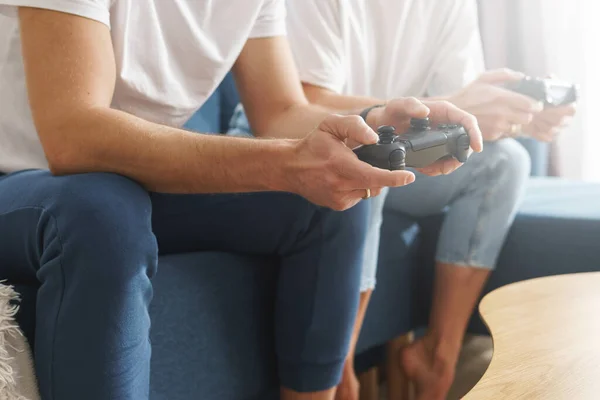 Couple Gamepads Playing Video Game Console Home — Stock Photo, Image