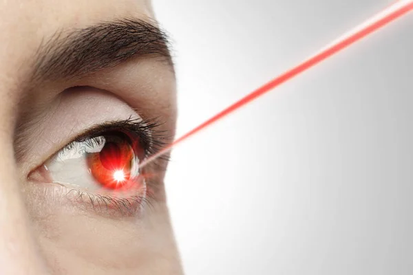 Close Female Eye Laser Beam Pointing Iris — Stock Photo, Image