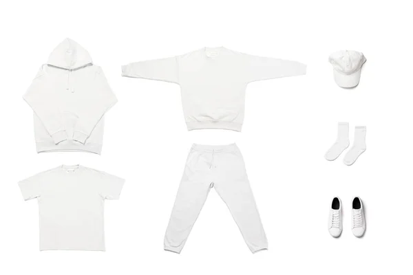 Ensemble Différents Vêtements Blancs Vierges Pour Conception Isolée Sur Fond — Photo