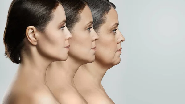 Rostro Femenino Que Representa Concepto Envejecimiento Comparación Edad Joven Mediana —  Fotos de Stock