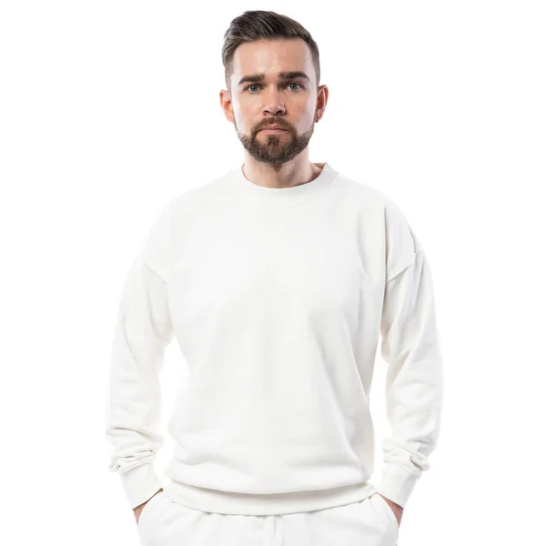 Bonito Homem Vestindo Camisola Branca Branco Isolado Fundo Branco — Fotografia de Stock