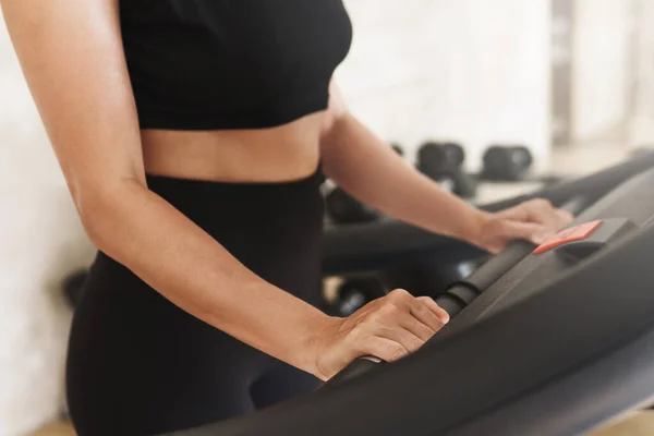 Closeup Female Hands Holding Handles Treadmill Fitness Workout — Stock Photo, Image