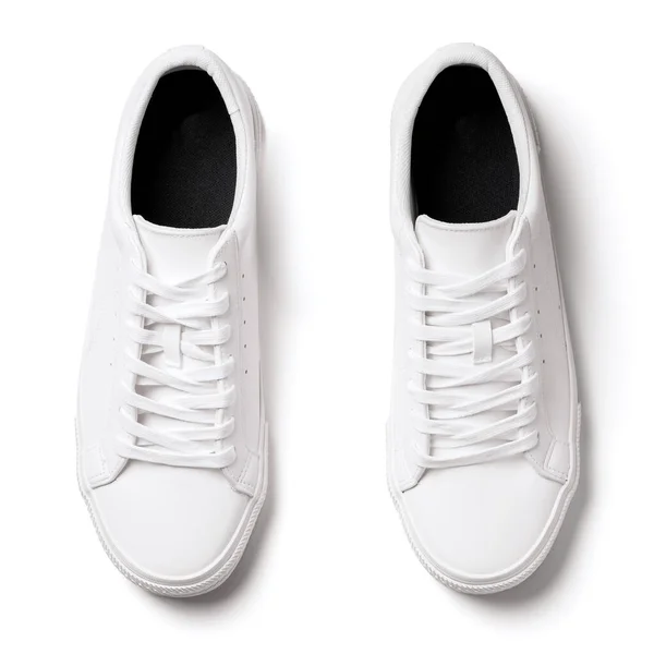Paar Witte Lederen Sneakers Geïsoleerd Witte Achtergrond — Stockfoto
