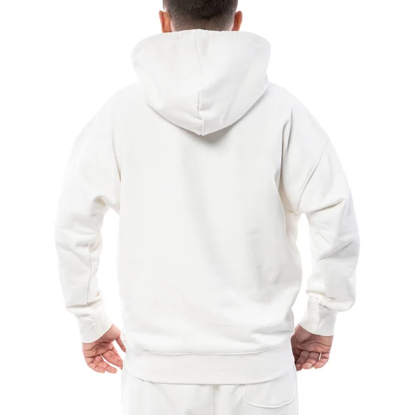 Man Dragen Blanco Wit Hoodie Broek Geïsoleerd Witte Achtergrond — Stockfoto