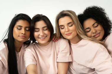 Farklı etnik kökenden kadınlar grubu. Çok kültürlü çeşitlilik ve arkadaşlık. Farklı ten tipi ve rengine sahip kadın yüzleri.
