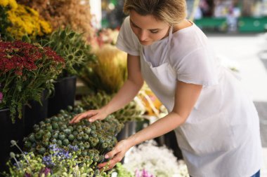 Çiçekçi dükkanında çalışan genç ve güzel bir kadın.