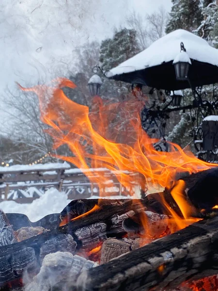 Primer Plano Del Fuego Leña Ardiendo Dentro Fogata Durante Frío — Foto de Stock