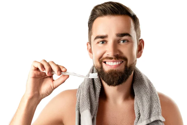 Higiene Cuidados Com Dentes Homem Bonito Com Belo Sorriso Segurando — Fotografia de Stock