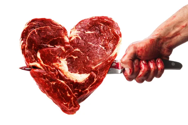 Male Hand Bloody Knife Stabbed Meat Shape Heart White Background — Stock Photo, Image