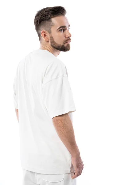 Portrait Bel Homme Portant Shirt Blanc Isolé Sur Fond Blanc — Photo