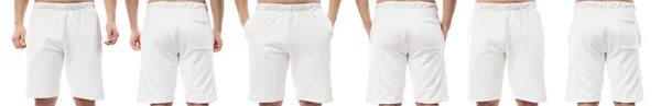 Colagem Diferentes Lados Homem Usando Shorts Brancos Com Espaço Branco — Fotografia de Stock