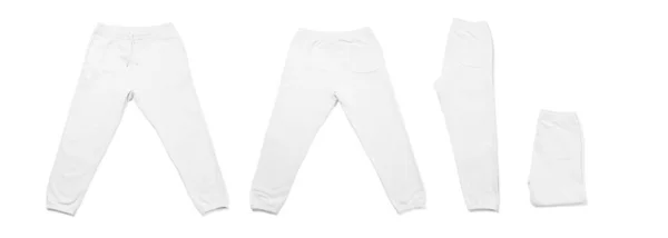Collage Pantalones Chándal Blancos Plegados Manera Diferente Aislados Sobre Fondo — Foto de Stock