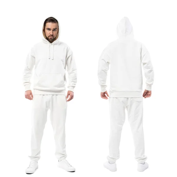 Bonito Homem Vestindo Capuz Branco Branco Calças Isoladas Fundo Branco — Fotografia de Stock