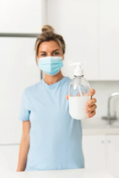 Woman Wearing Prevention Mask Using Hand Sanitizer Liquid Soap Hands — Stock Photo, Image