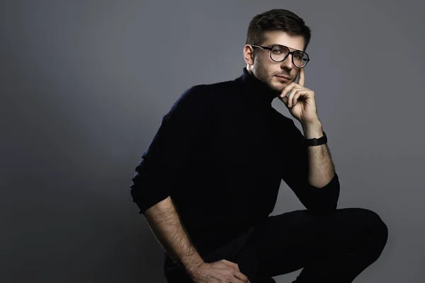 Young Intelligent Man Wearing Turtleneck Eyeglasses Gray Background — Stock Photo, Image