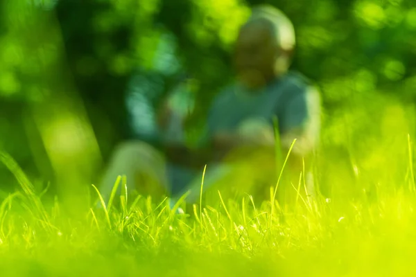 Beautiful Green Grass Person Out Focus Background — Stock Photo, Image