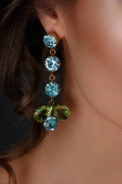Woman Wearing Beautiful Expensive Earrings Colorful Gems — Stock Photo, Image