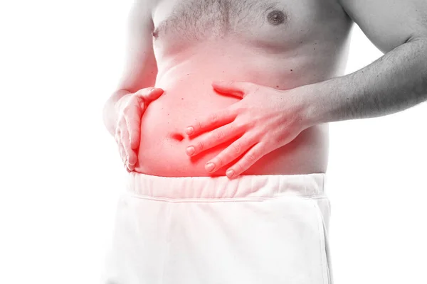 Männlicher Bauch Und Schmerzhafter Roter Bereich Mann Leidet Unter Verdauungsproblemen — Stockfoto