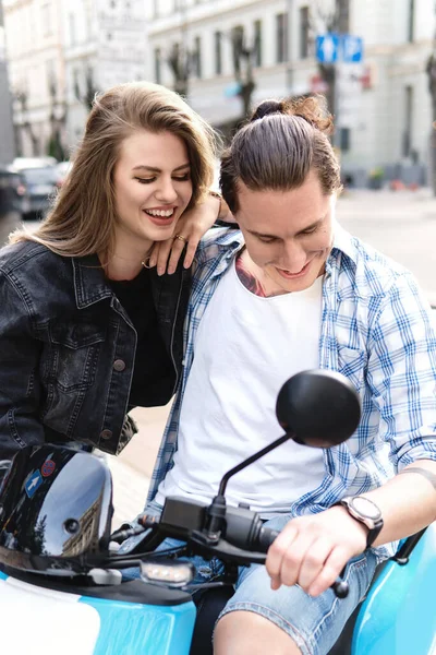 Young Stylish Couple Having Fun While Riding Electric Scooter City — Stock Photo, Image