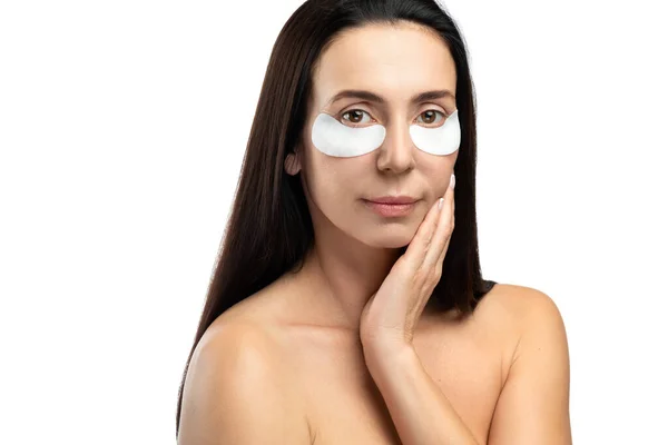 Aging Treatment Middle Aged Woman Applied Sheet Patches Her Eyes — Stock Photo, Image